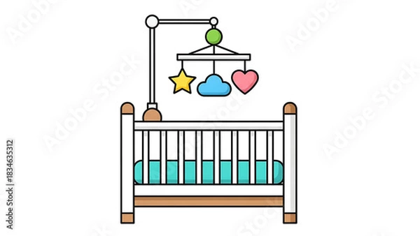 Obraz A simple illustration of a baby crib with a colorful mobile featuring a star, cloud, and heart.