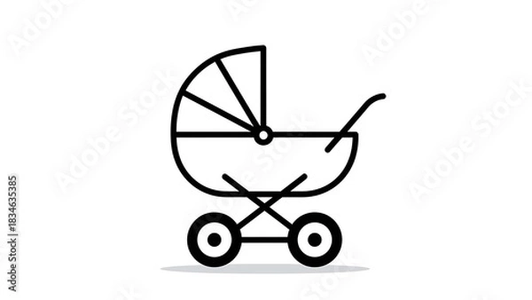 Obraz Simple black outline icon of a baby carriage or stroller with wheels and a canopy, casting a subtle shadow.