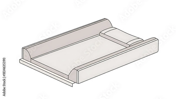 Obraz A detailed isometric drawing of a single, light-colored roof tile with raised edges and a curved end, designed for roofing applications.