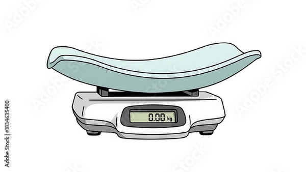 Obraz A digital baby scale with a light blue curved tray and a display showing 0.00 kg.