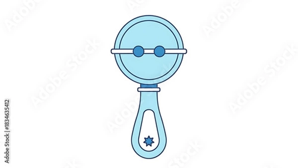 Obraz A simple light blue baby rattle with a round head and a handle, featuring small internal beads and a star detail.