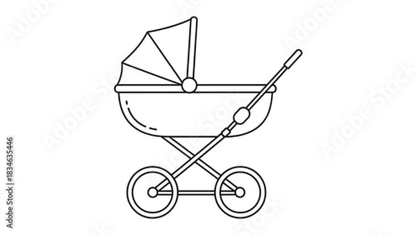 Obraz A black and white line art illustration of a baby carriage with a canopy and wheels, designed for infant transport.