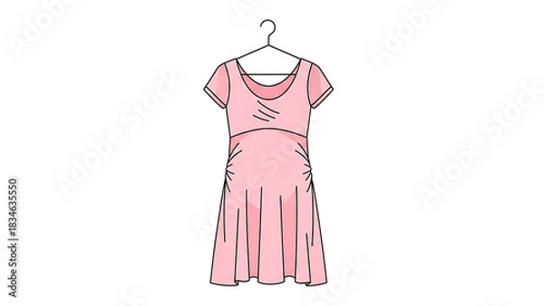 Obraz A simple line art illustration of a pink maternity dress with short sleeves hanging on a wire hanger against a white background.