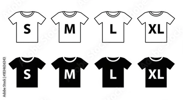 Fototapeta T-shirt sizes, including small, medium, large, and extra-large in both white and black outlines, suitable for apparel sizing guides