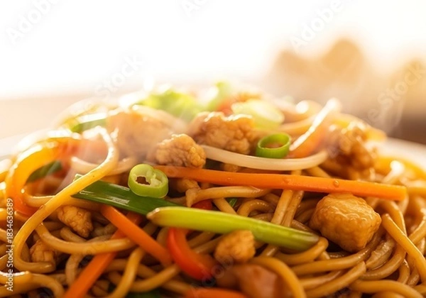 Fototapeta Delicious steaming noodles with chicken and fresh vegetables close up