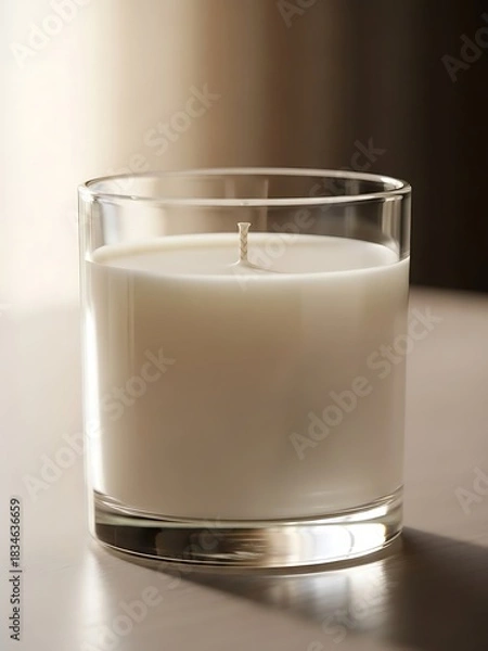 Fototapeta Elegant milky wax candle in clear glass jar, soft lighting effect