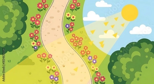 Fototapeta Idyllic garden scene with vibrant flowers and gentle sunlight stream