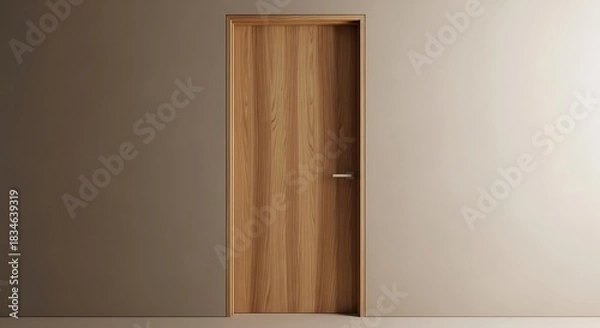 Fototapeta Modern wooden door design with sleek handle and muted wall backdrop