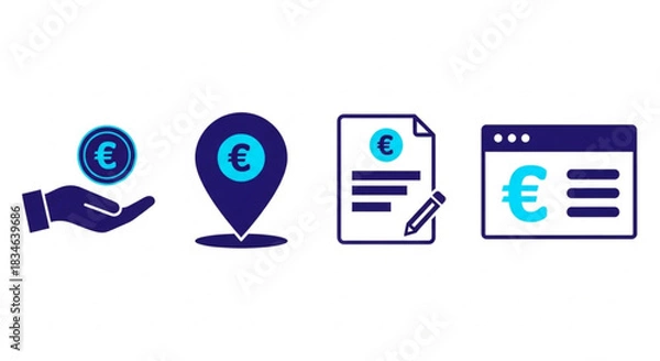 Obraz Money transfer icons Hand holding Euro coin, location pin with Euro symbol, document with Euro symbol, and web page with Euro symbol