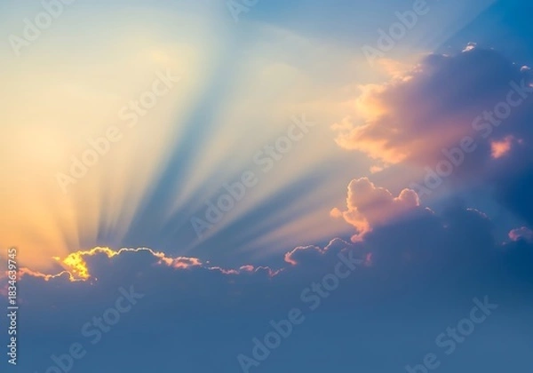 Fototapeta Radiant sky scene with sunbeams and soft pastel colored clouds