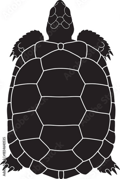 Obraz Detailed black silhouette of a sea turtle, top view, featuring distinct shell patterns, isolated vector graphic on transparent background.