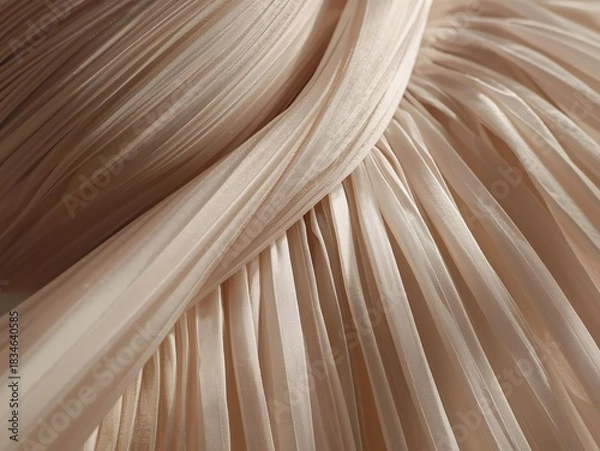Fototapeta Delicate pleated fabric texture in Cloud Dancer, Color of the Year 2026, featuring soft flowing folds and elegant sheen, perfect for fashion concepts, luxury branding, and sophisticated design.