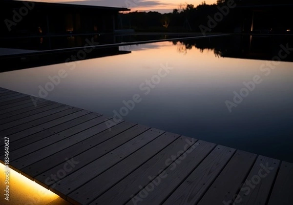 Fototapeta Tranquil evening waterscape with reflected sunset and wooden pier
