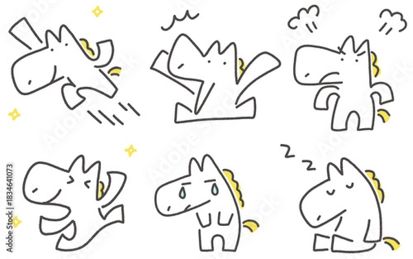 Obraz 色々な表情と感情・ポーズの白馬キャラクターのセット　元気・踊る・驚く・怒る・寝る・泣く