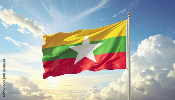 Fototapeta Myanmar flag waving proudly against a bright blue sky, symbolizing freedom, democracy, and national pride with a vibrant and hopeful atmosphere