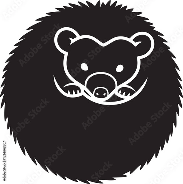 Obraz Cute cartoon hedgehog rolled into a defensive ball, minimalist black and white icon illustration on a clean background