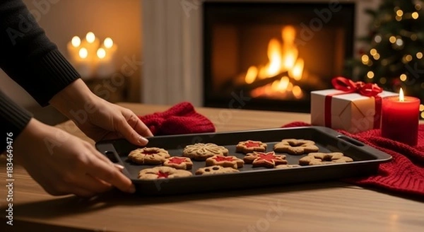 Fototapeta Hands holding a tray of Christmas cookies near a fireplace with presents and a lit Christmas tree.