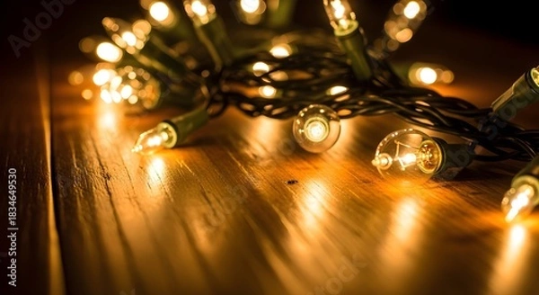 Fototapeta String of warm white Christmas lights arranged on a glossy wooden surface, creating a festive and cozy atmosphere.