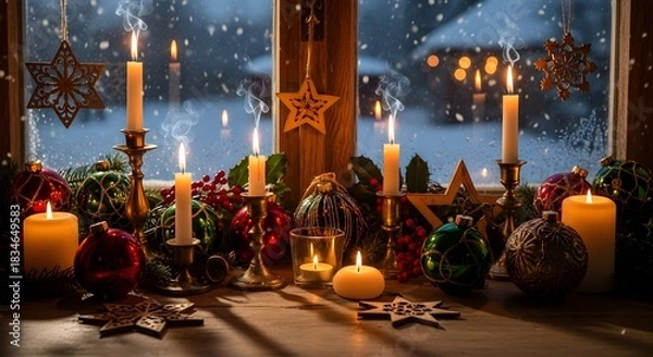 Fototapeta Festive Christmas window display with lit candles, ornaments, and star decorations against a snowy winter scene.