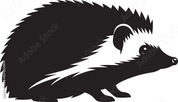 Obraz Stylized black and white vector illustration of a hedgehog in profile, a wild forest animal graphic element.