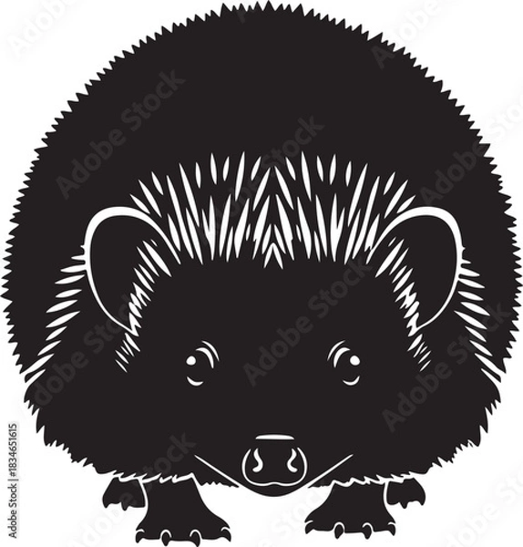 Obraz Cute black hedgehog illustration facing forward with spiky quills and friendly eyes, detailed vector graphic animal isolated.