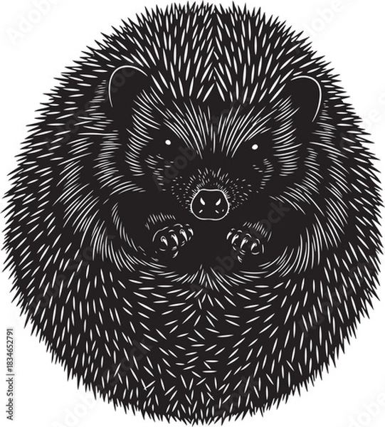 Obraz Stylized black and white illustration of a hedgehog curled up, looking forward, isolated against a clean background