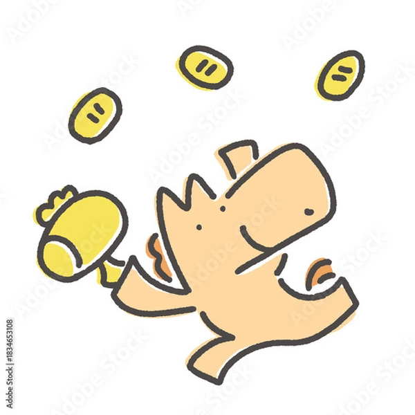 Obraz 打ち出の小槌を振る笑顔で走る馬キャラクターと小判　正月素材