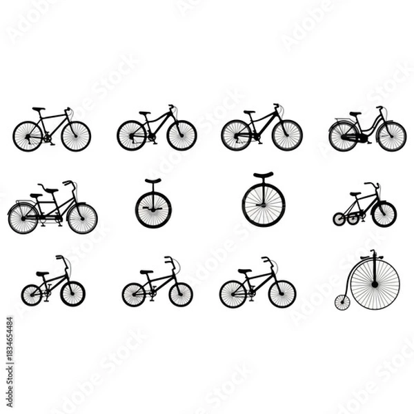 Obraz Collection of Diverse Bicycle Silhouettes Including Tandem, Unicycle, Penny Farthing, and Modern Styles