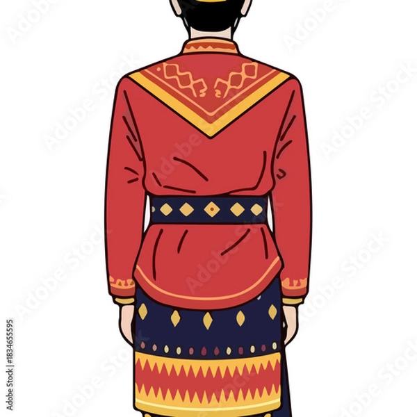 Obraz Traditional Indonesian Man Wearing Red Clothing and Batik Sarong with Intricate Patterns Back View
