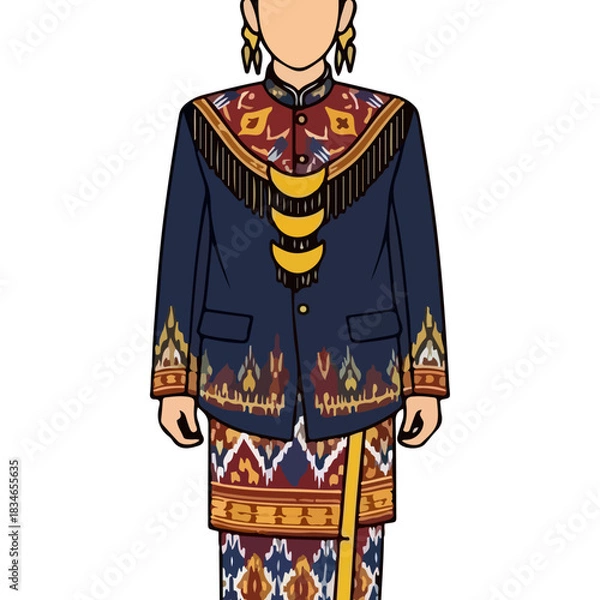 Obraz Traditional Indonesian Man's Attire Featuring Intricate Geometric Patterns and Ornate Jacket with Lunar Ornaments