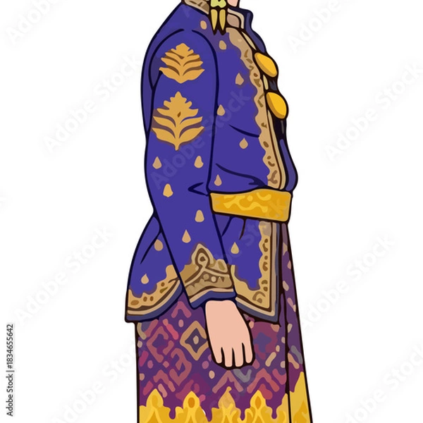 Obraz Traditional Indonesian Man Wearing Royal Blue Batik Attire with Intricate Gold Embroidery and Patterns