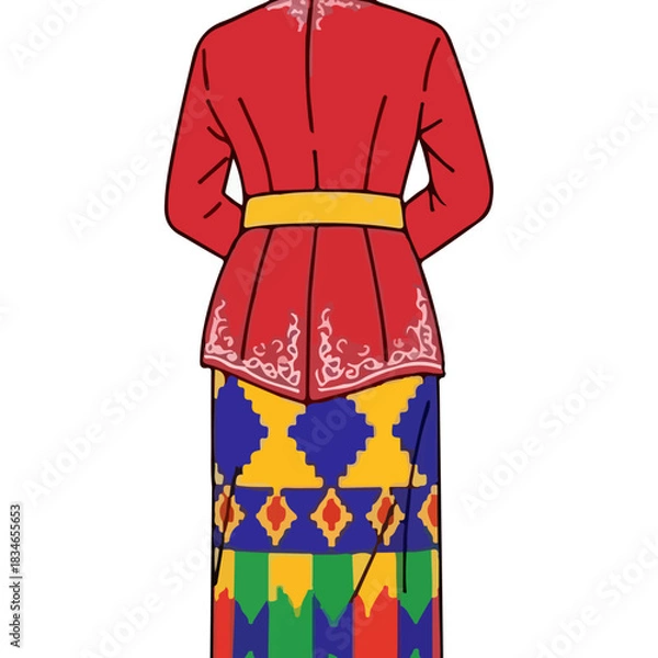 Obraz Traditional Indonesian Traditional Red Jacket and Sarong with Geometric Patterns and Ornamental Details Standing Back View