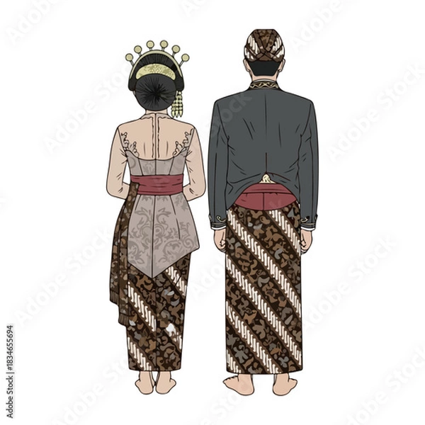 Obraz Traditional Javanese Wedding Attire for Bride and Groom Viewed from the Back in Authentic Batik Clothing