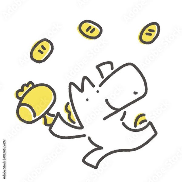 Obraz 打ち出の小槌を持って走る笑顔の白馬キャラクターと小判　正月素材