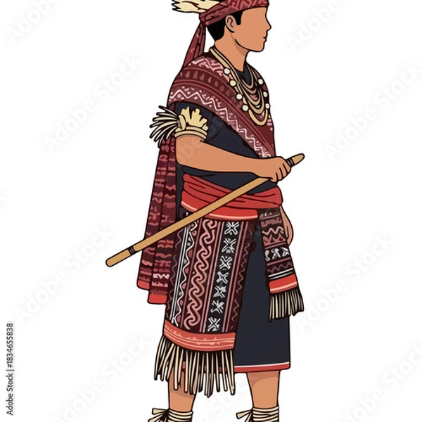 Obraz Traditional Indigenous Man in Ceremonial Attire Holding a Wooden Staff with Intricate Patterns and Feathers