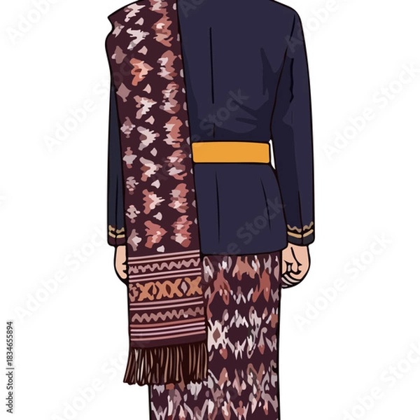 Obraz Traditional Indonesian Man Wearing Dark Blue Jacket Batik Sarong and Patterned Scarf Waist Sash