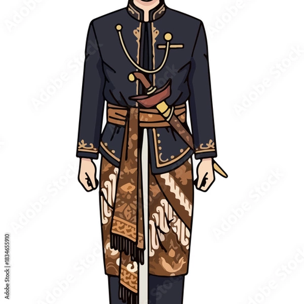 Obraz Traditional Indonesian Man Wearing Dark Blue Official Attire Complete with Batik Sarong and Keris Dagger
