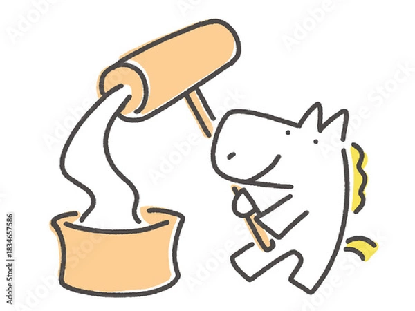 Obraz 餅つきをするかわいい白馬キャラクター　臼と杵　正月素材