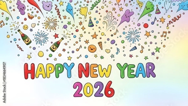 Fototapeta Colorful Happy New Year 2026 celebration with confetti, champagne, fireworks, and festive cartoon elements on a rainbow background.