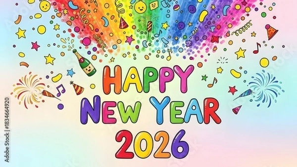Fototapeta Colorful illustration celebrating the arrival of the new year, with vibrant text and festive decorations.
