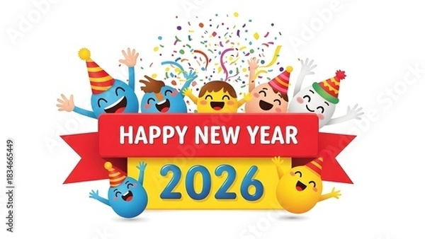 Fototapeta Happy New Year 2026 illustration with cartoon characters and confetti.