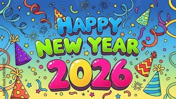 Fototapeta Happy New Year 2026 festive banner with party hats and confetti.