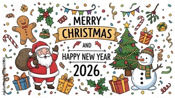 Fototapeta Festive Christmas and New Year illustration featuring Santa Claus, snowman, gifts, and decorations.