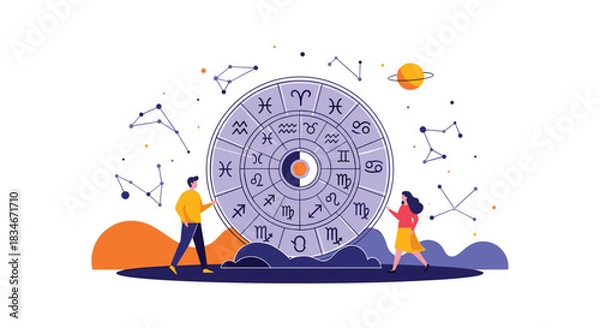 Fototapeta A celestial wheel displays zodiac symbols with two people observing the constellations and sun above.