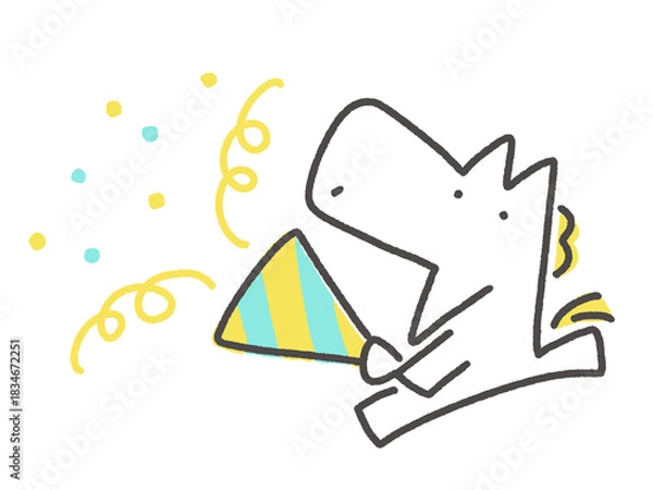 Obraz 大きなクラッカーでお祝いするかわいい白馬キャラクター　誕生日・新年・パーティー