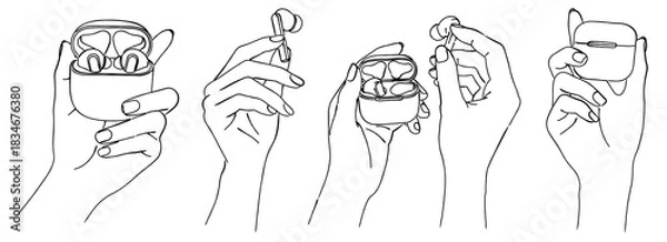 Obraz ワイヤレスイヤホンと充電ケースを持つ手のイラストセット,Bluetooth,オーディオ,ガジェット,音楽,シンプル,ベクター,線画