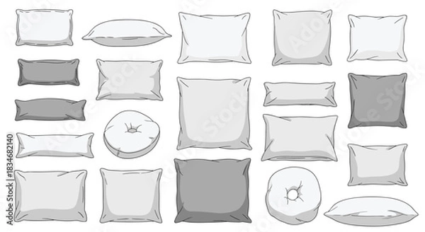 Fototapeta A comprehensive collection of pillows and cushions in various shapes and sizes, presented in neutral grey and white tones, perfect for home decor concepts.