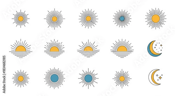 Fototapeta A minimalist collection of line art icons featuring sun, moon, and sunrise/sunset designs, suitable for various design projects and digital assets.