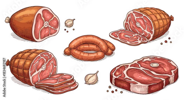 Fototapeta Assortment of fresh and processed meat products including ham, sausages, a raw steak, and netted roasts with garlic and peppercorns.