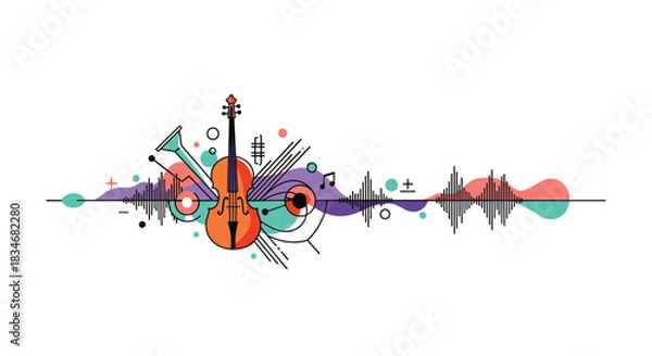 Fototapeta Abstract illustration featuring musical instruments, sound waves, and colorful geometric shapes representing the essence of music and art.